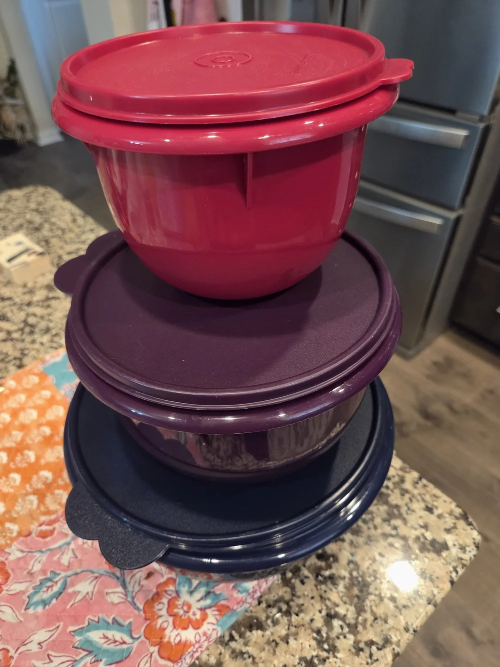 Tupperware Stackable Red, Purple, and Blue Food Storage Container Set